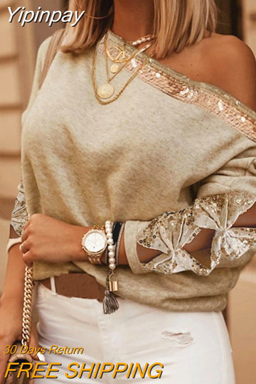 Yipinpay spring fashion woman blouses 2023 Cutout Contrast Sequin Bowknot Design Top Casual Long Sleeve Tee outfits female clothes